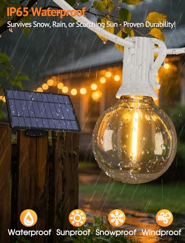 Larkvue 50FT(2x25FT) Solar String Lights Outdoor with Remote, Waterproof Dimmable 3 Modes Patio Lights with 20+2 LED G40 Bulbs for Party Bistro-White - color: White