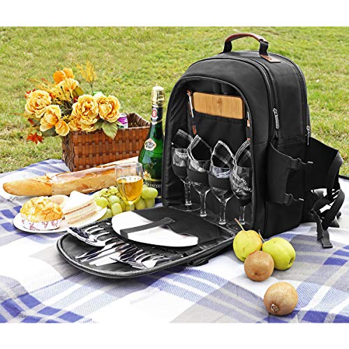 Sunflora Picnic Backpack for 4 Person Set Pack with Insulated Waterproof Pouch for Family Outdoor Camping (Black) - color: Black, size: 4 person