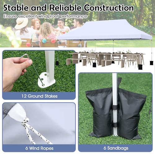 Tangkula 10x20 Ft Pop Up Canopy, Instant Setup Outdoor Tent with 6 Sand Bags, 12 Stakes & 6 Ropes, UPF 50+ Canopy Tent with Carrying Bag for Camp, Beach, Patio (White) - color: White, size: 10x20 Ft