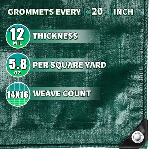 Green Heavy Duty Tarp 20x30 Feet, 12 Mil Thick Waterproof Poly Tarps Cover UV Resistant, Rip & Tear Proof with Metal Grommets Every 20 Inche - color: Green, size: 20x30 Ft
