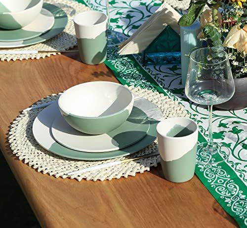 MORGIANA 8 pcs Bamboo Dinnerware Set Reusable Plates Bowls Sets, Camping Picnic Dishes Tableware Set for 2 (Green & White) - color: Green & White