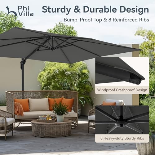 PHI VILLA 9'x12' Outdoor Patio Deck Umbrella with Base. 360° Rotation & 6-Level Tilt with Easy Crank Handle. Rectangle Offset Cantilever Umbrella Heavy Duty for Garden Poolside Backyard (Grey) - color: Grey, size: 9'x12'- With Base