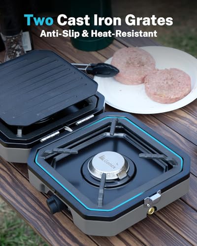 Gonex 2 Burner Propane Camping Stove with Griddle & Grates, Portable Foldable Cooking Stove with Total 16,000 BTU, Two Piezo Ignition Adjustable Burners for Camping, Patio, Emergency, Hiking (Grey) - color: Grey