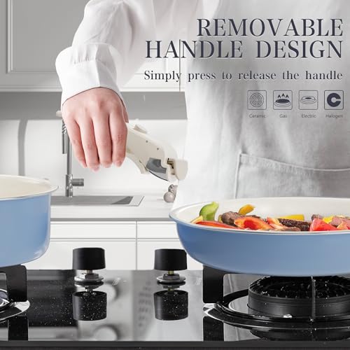 Pots and Pans Set - Ceramic Cookware Set Detachable Handle Pots and Pans With Removable Handles Kitchen Pans for Cooking Pot Set Nonstick Non Toxic Camping Cookware for RV Travel Gift - color: Blue