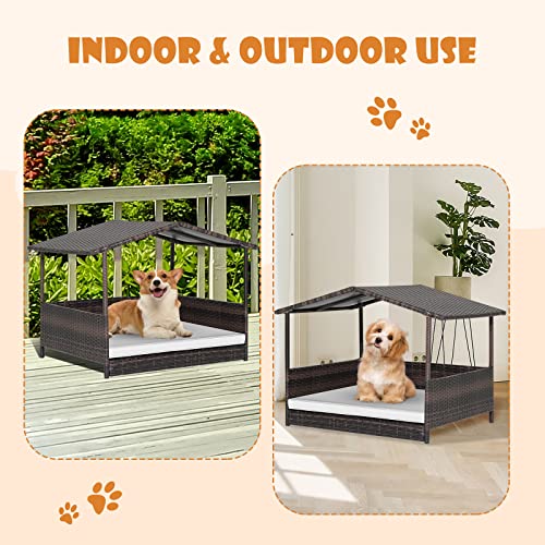 Giantex Wicker Dog House, Raised Rattan Dog Bed with Waterproof Roof, Washable Cushion Cover, Steel Frame, Indoor Outdoor Elevated Dog Bed Pet House for Small Medium Dogs Cats, Easy Assembly - style: Brown House & White Cushion