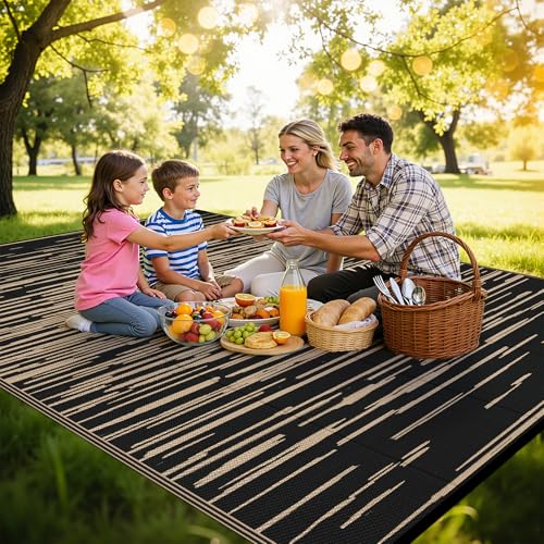 HEBE Outdoor Rug 8'x10' for Patios Clearance, Waterproof Reversible Plastic Straw Rug Camping Mat, Indoor Outdoor Area Rugs Carpet for Deck, Porch, RV, Picnic, Balcony - color: Stripe/Black, size: 8' x 10' (Rectangular)