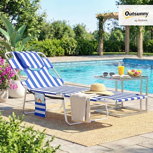 Outsunny Chaise Lounge Chair Outdoor with Face Arm Hole, 5-Position Reclining Face Down Tanning Chair with Carry Strap, Side Pocket, Portable Folding Bed Cot for Patio Beach Pool, Blue Stripe - color: Blue Stripes, size: 1 Piece