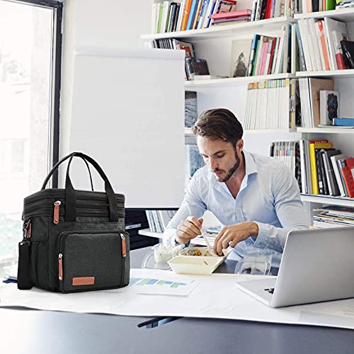 MOV COMPRA Lunch Bags for Men Women, Black Adult Lunch Box for Work, Expandable Leakproof Double Deck Lunch Box Cooler Tote Bag with Removable Shoulder Strap（Black） - color: Black