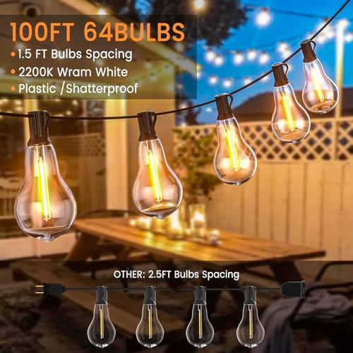 Patio Lights, 100FT Patio Lights with 64+5 Bulbs(1.5FT Bulbs Spacing), Outdoor String Lights, Remote & Dimmer, 3 Mode Light & Timing, 65PC Mounting Ties for Outside, 2200K (Black) - color: Black, size: Remote Control Model -100ft-64t