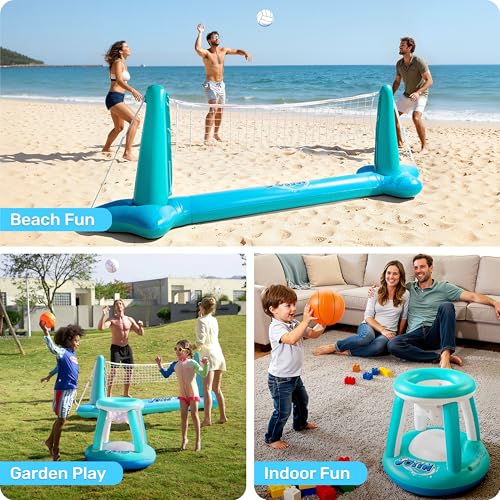 JOYIN Inflatable Pool Float Set Volleyball Net & Basketball Hoops, Floating Swimming Game Toy for Kids and Adults, Summer Floaties, Volleyball Court (105”x28”x35”)|Basketball (27”x23”x27”),L-Blue - color: Blue Cyan, size: Large