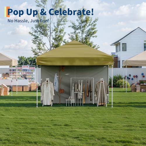 10x10 Pop Up Canopy with 3 Sidewalls - Easy Up Camping Tent with One Button Push Setup - 1 Roller Bag, 3 Adjustable Height, 4 Weight Bags for Deck, Garden, Sports, Beach, Party - Khaki - color: Khaki, size: 10x10