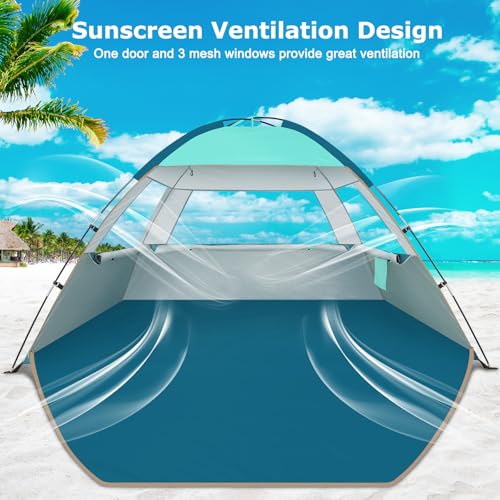 COMMOUDS Beach Tent Sun Shade for 3/4/6/8 Person, UPF 50+ Beach Sun Shelter Canopy Tent, Lightweight, Easy Set Up and Carry - color: Turquoise, size: 3 Person