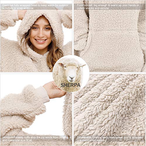 Sherpa Wearable Blanket Oversized Hoodie Sweatshirt TV Blanket with Long Sleeves and Pocket-Beige - color: Beige