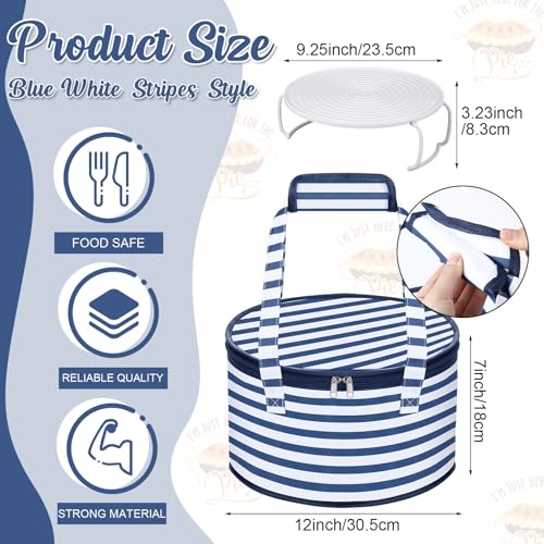 Pickmesh Round Pie Carrier 12 x 7 Inch Insulated Casserole Carriers with Lid and Detachable Handle for Hot or Cold Food Cake Transport Thanksgiving Christmas Gift (Blue White Stripes) - color: Blue White Stripes