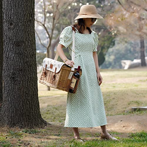 WILLOW WEAVE Picnic Basket with Table, Picnic Basket Set for 2, Willow Hamper with Wine Holder, Wicker Picnic Set with Blanket & Premium Tableware for Outdoor, Wedding, Anniversary, Birthday Gift - size: M for 2P-Leaf