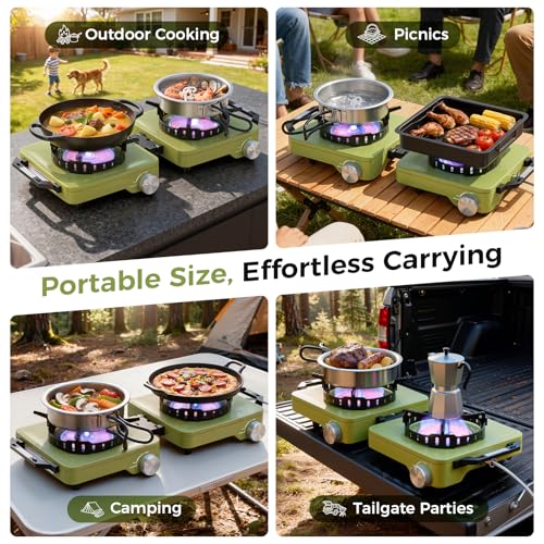 MoKo Propane Camping Stove 2 Burner, 36,000 BTU Infrared & Open Flame Hybrid, Windproof Folding Portable Outdoor Gas Cooking Kit with Frying Pan & Carry Bag For RV, Tailgating, Survival, Green - color: Green