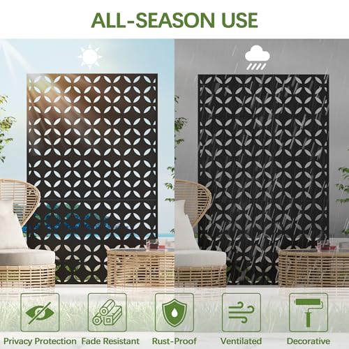 Cofar Metal Privacy Screen Outdoor 72" H×44" W -Black Freestanding Outdoor Privacy Panels with Stand, Decorative Fence for Patio, Deck, Balcony (Clover) - style: 5-Panels Clover_Black