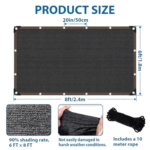 90% Sun Shade Cloth with Grommets, 6 x 8 FT Pergola Shade Cover Canopy, Mesh Tarp Sun Screens for Patio, Outdoor, Garden, Backyard, Black - color: Black, size: 6 x 8 FT