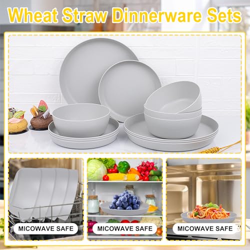 EI 12pcs Wheat Straw Dinnerware Set of 4,Plastic Plates Reuasble Unbreakable,Plastic Plates and Bowls Sets for Camping,Picninc,Family Dinner - color: Grey Wheat Straw Plates and Bowls