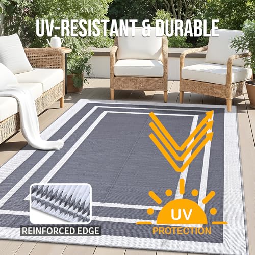 OLANLY Outdoor Rug 4x6 ft Waterproof, Reversible Outdoor Plastic Straw Rug, RV Mat, Indoor Outdoor Carpet Clearance for Patio, Camping, Balcony, Deck, Backyard, Grey & White - color: Grey & White, size: 4' X 6' (Rectangular)