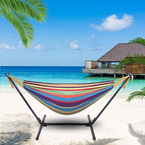 Double Hammock with Steel Stand, Adjustable Hammock Bed,Portable Outdoor Polyester Hammocks Set,2-Person Heavy-Duty Hammocks for Camping Garden Backyard Patio,250lbs Capacity (Colorful) - color: Colorful
