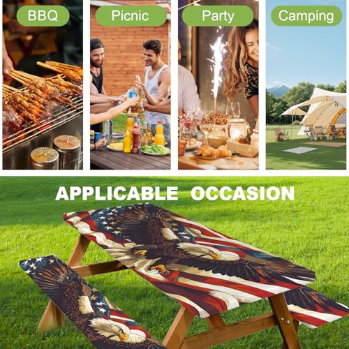 ANNA QUEEN Patriotic American Eagle 6FT Picnic Table Cover with Bench Covers Set of 3 with Drawstring Bag, USA Flag Eagle 72"x30" Waterproof Picnic Tablecloth & Bench Covers for Outdoor BBQ - color: #64