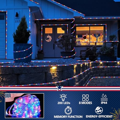 YEGUO Solar Rope Lights Outdoor Waterproof, 66ft 200 LED Red White and Blue Lights, 8 Modes Fairy Lights in Clear Thin Tube for Indoor Independence Memorial Day - color: Red White Blue