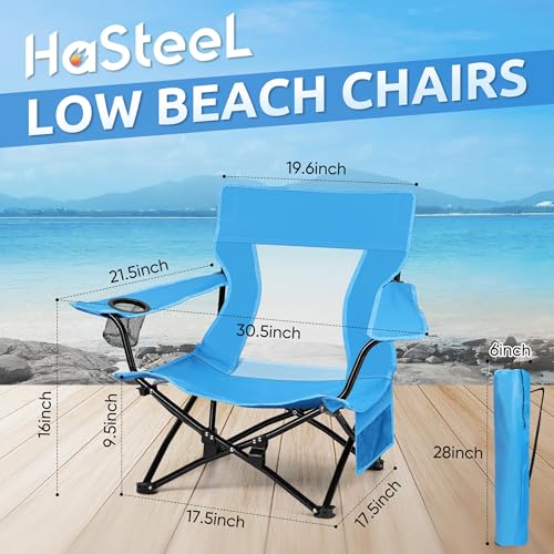 HaSteeL Folding Beach Chair Set of 2, Foldable Blue Camping Chairs for Outside, Low Beach Chair Portable for Adults Fishing, Picnic, Outdoor BBQ, Travel, Sports, Cup Holder & Storage Bag - color: Blue Chairs