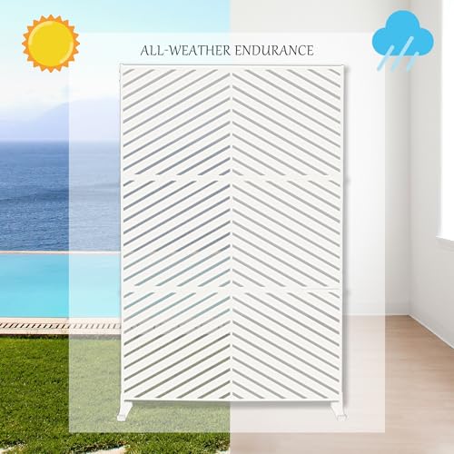 Kozyard Metal Privacy Screen 74" H x 47.2" W Decorative Outdoor Divider with Stand Panels Freestanding Screen Set for Deck Patio Balcony Garden Outdoor&Indoor (White/Chevron) - color: White/Chevron