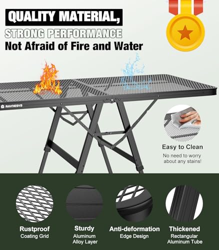 Raynesys Foldable Grill Table with Mesh Desktop, 200lbs 4Ft Portable Folding Table, Height Adjustable Metal Table for Ourdoor, Camping, Picnic, BBQ and Beach, RV, 47.24" L x 23.62" W - size: XL(4Ft-47.24" x 23.62" x 17.32"/24.41"/29.53")