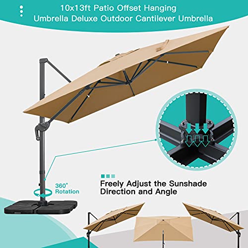 Sunnyglade 10x13Ft Cantilever Patio Umbrella Rectangular Deluxe Offset 360°Rotation & Integrated Tilting System Hanging Umbrella for Market Garden Deck Pool Backyard Patio (Tan) - color: Tan, size: 10 x 13 ft
