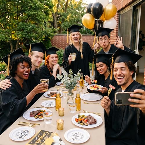 Goodluck 350 Piece Graduation Gold Plastic Dinnerware Set for 50 Guests, Congrats Grad Disposable Plates Include: 50 Dinner Plates, 50 Dessert Plates, 50 Cups, 50 Pre Rolled Napkins with Silverware - color: White, style: 350 Piece (50 guests)