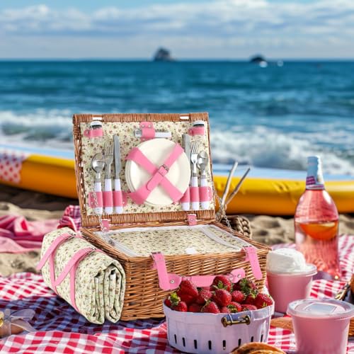 Wicker Picnic Basket for 4 with Waterproof Picnic Blanket and Insulated Cooler, Willow Hamper for Camping, Outdoors, Photoshoot, or a Birthday, Valentine’s Day, Wedding Gift, Pink - color: Pink Flower