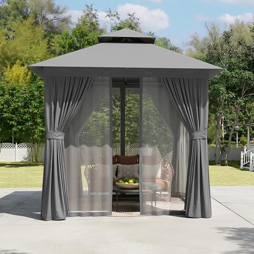 Aoxun 8x8 Outdoor Gazebo for Patio, Metal Frame Canopy Gazebo Double Roof Heavy Duty Small Gazebo, Backyard Gazebo with Mosquito Netting & Privacy Screen for Garden Lawn Deck (Grey) - color: Gray, size: 8 X 8