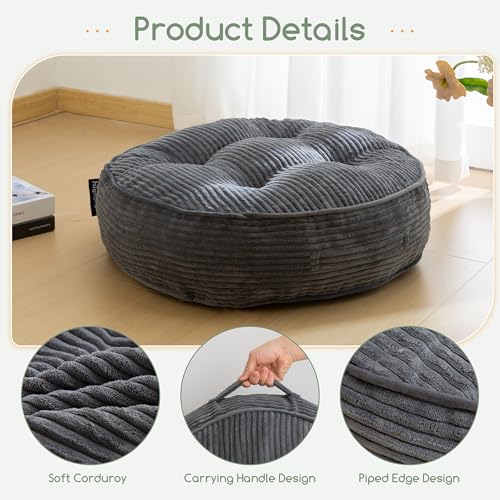 HIGOGOGO 6" Extra Thick Floor Pillow Cushion for Adults, Meditation Cushion Pillow, Large Round Floor Sitting, Tufted Corduroy Cover, for Tatami Living Room or Yoga, 22x22 Inch, Dark Grey - color: Round Dark Grey, size: 6" Thick(Pack of 1)