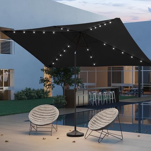 Rectangle Patio Umbrella with Solar Lights, 10 x 6.5ft Rectangular Outdoor Umbrella Table Market Patio Umbrella with Push Button Tilt and Crank for Garden, Deck, Backyard, Pool - color: Black