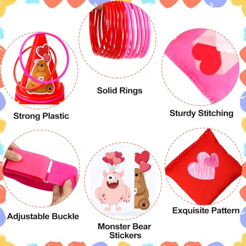 39Pcs 4 in 1 Valentines Day Party Games for Kids with Ring Toss, Plastic Cones, Bean Bags, 3-Legged Race Bands, Stickers, Carnival Valentine's Games Activity Combo Set for Classroom Indoor Outdoor - color: Valentine's Pink-Stickers