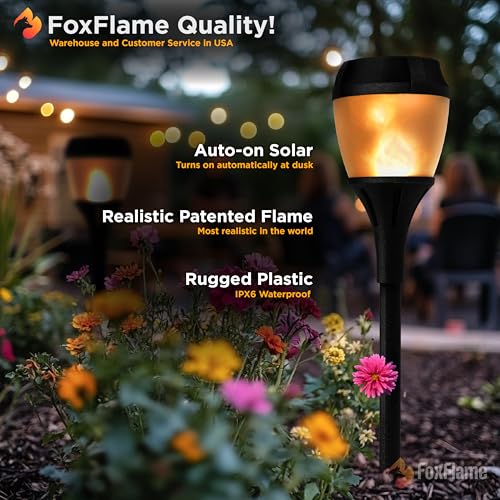 FoxFlame Solar Path Lights Outdoor Waterproof-Realistic Flickering LED Flame,IP65 Pathway Lights Solar Powered Warm Light for Garden and Walkways,Ground Stake Included for Easy Setup(2 Pack) - style: Elegant Path Torch