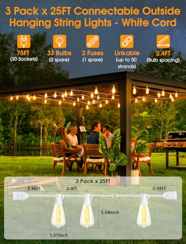 Larkvue 75FT(3x25FT) Outdoor String Lights, Patio Lights with 30+3 LED Dimmable Waterproof Connectable ST38 Bulbs for Gazebo Backyard Christmas, White - color: White, size: 75FT