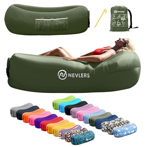 Nevlers Military Green Inflatable Lounger | No-Pump Blow Up Couch | 210T Polyester Outdoor Lounger for Use as Music Festival Essentials | Air Couch Inflatable Chair for Kids w/ 450 lbs. Capacity - color: Military Green, size: 1 Pack