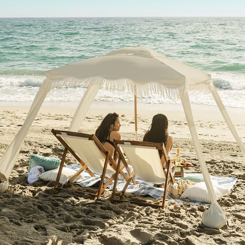 AMMSUN Beach Cabana with Fringe, 7' x 7' Boho Beach Canopy with Tassels, Easy Set up & Premium Wood Pole, Cabana Tent with Sand Pockets, Instant Sun Shade for Sand, Garden, Patio, Beige - color: Beige
