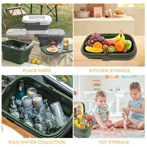 Picnic Basket Foldable Bucket with Lid and Handles, Portable Outdoor Storage Bucket, 18 Liters, Ideal for Camping、Outdoors and Car Trunks (Green) - color: Green