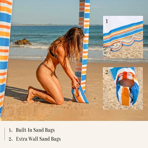 UPWELL Beach Tent Easy Set Up Canopy Sun Shelter Shade with UPF 50+UV Protection Portable Beach Umbrella Outdoor Sunwall with Sand Pockets for Fishing Backyard Camping(Mint Sorbet) - color: Sunset Stripe