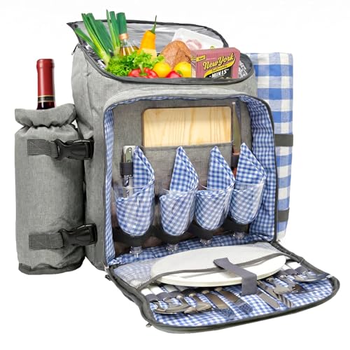 Nature Gear Picnic Backpack for 4, Insulated Picnic Set with Dinnerware, Wine Cooler, Blanket & Cutlery Service, Waterproof Outdoor Bag for Beach, Camping, Travel & Park, Blue - color: Blue