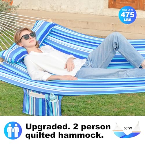GAFETE Hammock 2 Person Quilted Fabric Hammocks for Outside, Double 12ft Hammocks with Spreader Bar, Large Removable Pillow, Storage Bag, Carabiners, Max 475 lbs Capacity (Ocean Blue) - color: Ocean Blue