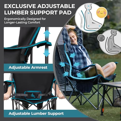 FUNDANGO Oversized Camping Chair for Adults,550lbs Heavy Duty Foldable Portable Lawn Chair with Padded Seat & Back, 4-can Cooler & Cup Holder, Carry Bag Included for Outdoor (Black/Grey) - color: Black/Grey With Lumber Support 1 Pack