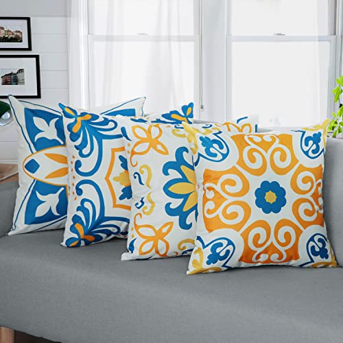 Outdoor Waterproof Throw Pillow Covers Set of 4 Floral Printed and Boho Farmhouse Outdoor Pillow Covers for Patio Funiture Garden 18x18 Inch Yellow - color: Yellow, size: 18" x 18" (Pack of 4)