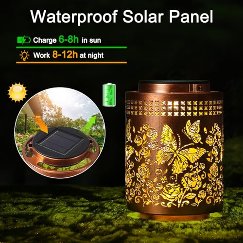 Solar Lanterns Outdoor Waterproof Butterfly Garden Decor Gifts for Women Mom Grandma, Hanging Solar Lights Metal Garden Decoration Outside for Yard, Patio, Backyard, Porch for Gift Card Box Packaging - style: Warm Light