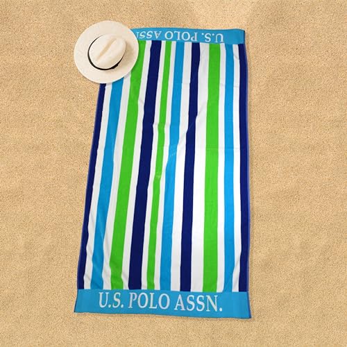 U.S. Polo Assn. Oversized (40” x 70”) Striped Nautical Design Beach Towel - Luxury Plush Cotton Hotel Quality for Bath, Pool - Lanai Stripe - color: Green/Blue -Lanai Double Jacquard, size: 40" x 70"