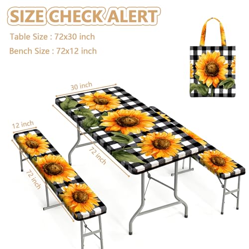 Picnic Table Cover with Bench Covers Elastic Edges, Outdoor Patio Camping Essentials 72 Inch 3PCS, Waterproof Camping Fitted Tablecloth with Handbags (Sunflower buffalo plaid) - color: Black checkered sunflowers